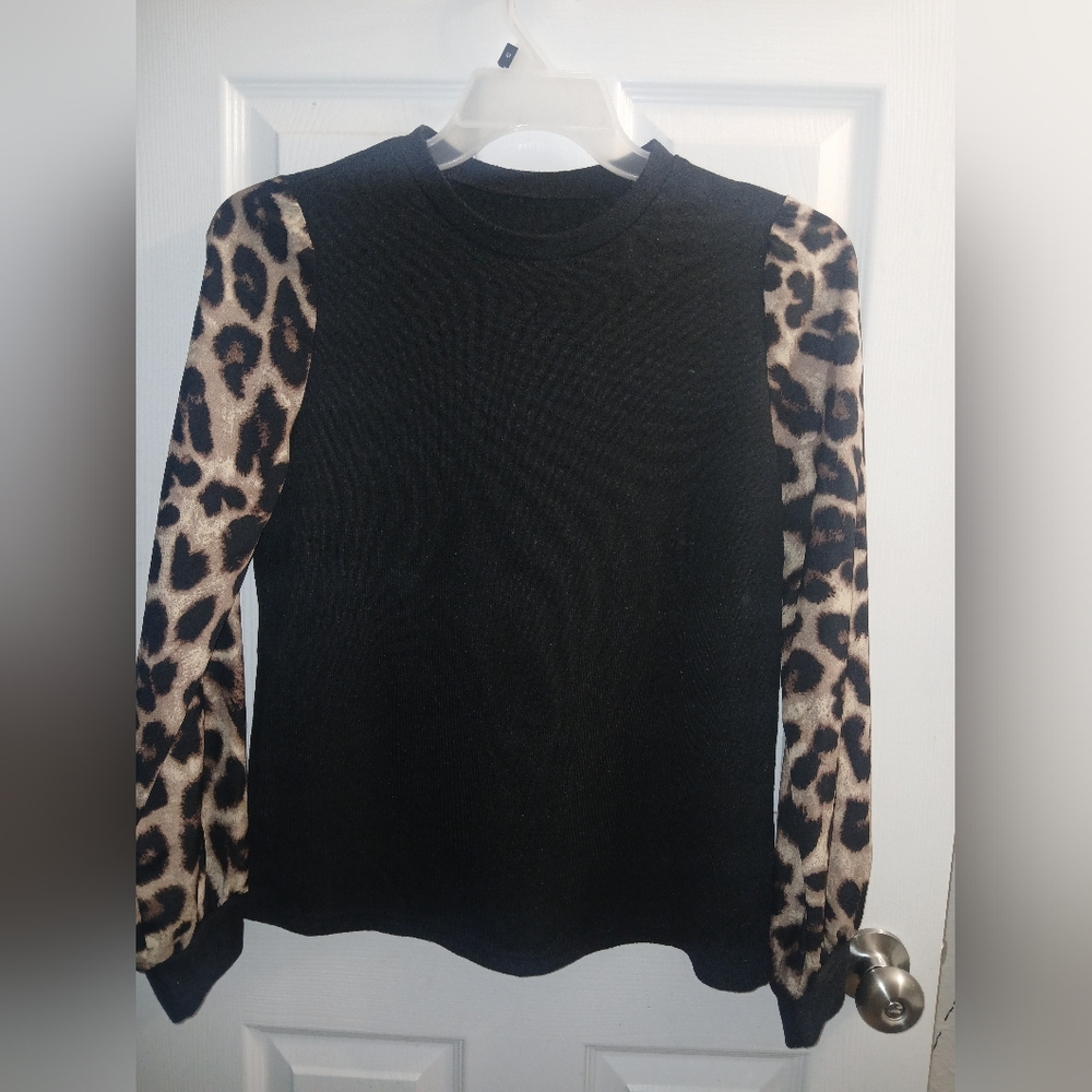 Black Sweater with Leopard Print Sleeves